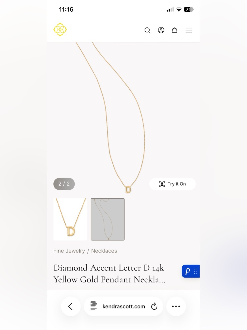 585 14K Kendra Scott Solid Gold Letter D Necklace with Diamond Accent - Picture 3 of 6